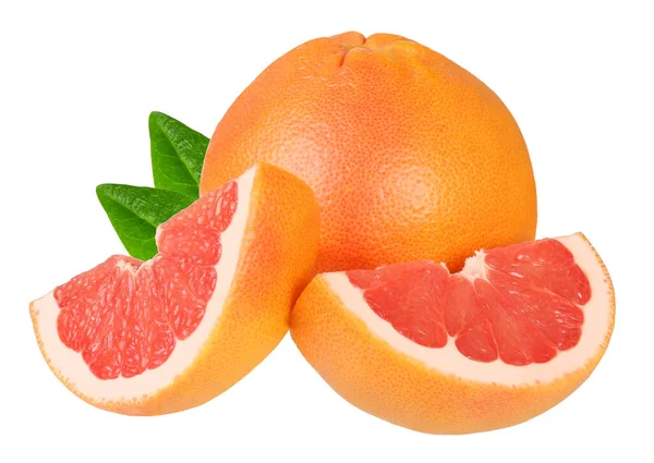 Grapefruit Mit Scheibe Und Blättern Isoliert Auf Weißem Hintergrund — Stockfoto