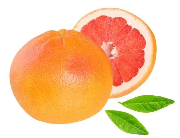 Gesneden Grapefruit Met Bladeren Geïsoleerd Witte Achtergrond — Stockfoto