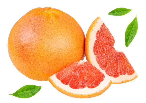 Gesneden Grapefruit Met Bladeren Geïsoleerd Witte Achtergrond — Stockfoto