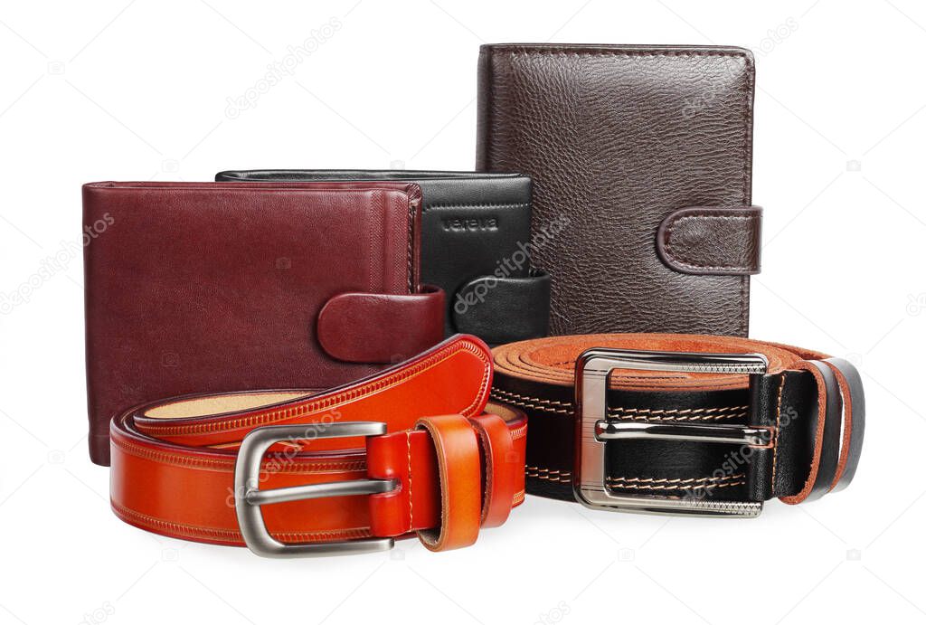 Wallets, belts isolated on white background