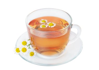 Papatya çayı, papatya çayı, beyaz arka planda izole edilmiş.