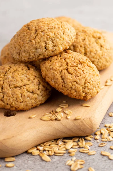 Foreground Blurred Image Oatmeal Cookies Wooden Board Gray Background Healthy — 스톡 사진