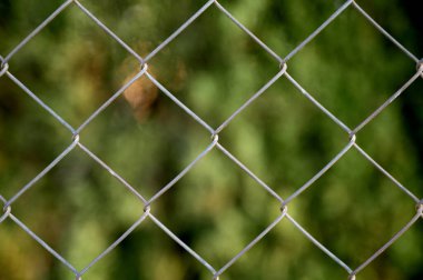 Elmas biçimli çelik tel çitin ya da yeşil ağaçların odaksız arkaplanı olan kafesin ayrıntıları