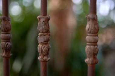 Eski paslı bir çitin, yeşil palmiye ağaçlarının arka planına dayanan merkezi süslemeleri.