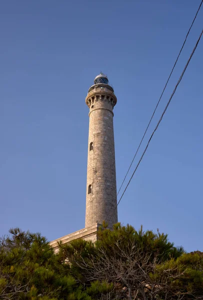 Detalle Una Torre Faro Piedra Con Cielo Azul Árboles Base — Foto de Stock