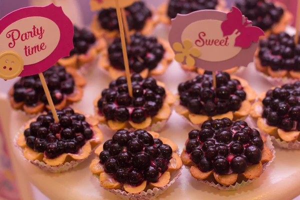 Lade met heerlijk gebak. Candy Bar. Elegante zoete tabel met grote taart, cupcakes, cake pops op diner of evenement partij. Cake pops. Lade met heerlijk gebak — Stockfoto