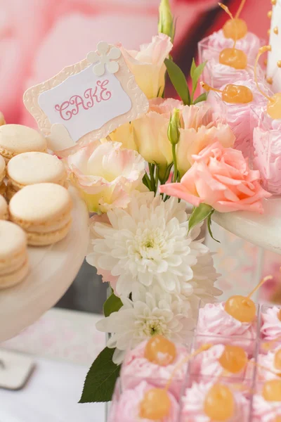 Tray with delicious cakes. Candy Bar. Elegant sweet table with big cake, cupcakes, cake pops on dinner or event party. Cake pops. Tray with delicious cakes — Stock Photo, Image