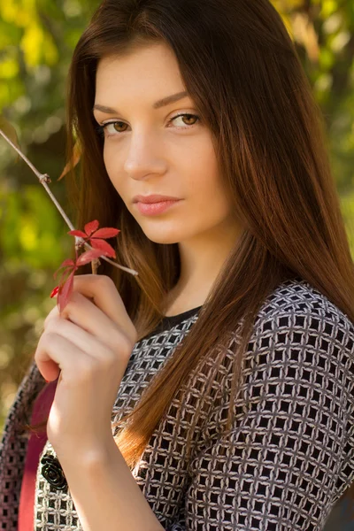Молодая кавказская чувственная женщина в романтических осенних пейзажах. Модный портрет красивой молодой женщины в осеннем лесу — стоковое фото