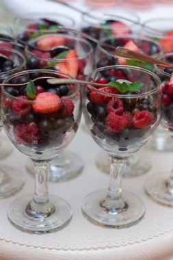 Gözlük üstüne nane ile meyve taze parçaları. Sağlıklı yaşam.