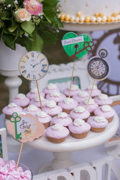 Tray with delicious cakes. Elegant sweet table with big and small cakes, cupcakes, cake pops on dinner or event party. Cake pops. Tray with delicious cakes — Stock Photo, Image