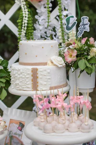 Tray with delicious cakes. Elegant sweet table with big and small cakes, cupcakes, cake pops on dinner or event party. Cake pops. Tray with delicious cakes