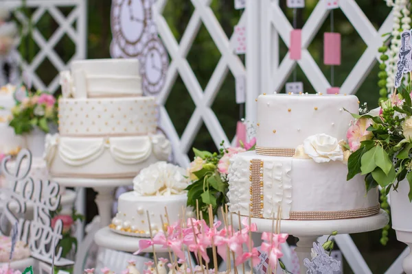 Tray with delicious cakes. Elegant sweet table with big and small cakes, cupcakes, cake pops on dinner or event party. Cake pops. Tray with delicious cakes — Stock Photo, Image