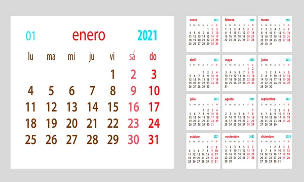 Hiszpański kalendarz 2021 wektor szablon .Week rozpoczyna poniedziałek. Koncepcja kalendarza papierniczego — Wektor stockowy