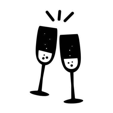 Şampanya bardakları ikonu. Vektör illüstrasyonu, restoran, bar, kafe ya da parti için stilize edilmiş bir bardak şampanya.