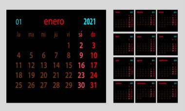 İspanyol takvimi 2021 vektör şablonu. Hafta pazartesi başlıyor. Kırtasiye takvimi konsepti