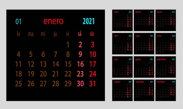 Calendario español 2021 plantilla vectorial. La semana comienza el lunes. Concepto de calendario de papelería — Archivo Imágenes Vectoriales