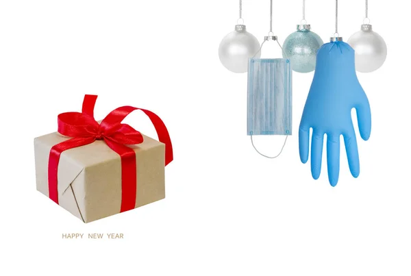 Christmas Decorations Set Hanging Christmas Glass Balls Medical Mask Gloves — Stok fotoğraf