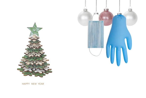Christmas Decorations Set Hanging Christmas Glass Balls Medical Mask Gloves — 스톡 사진