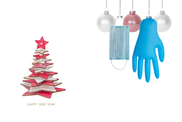 Christmas Decorations Set Hanging Christmas Glass Balls Medical Mask Gloves — 스톡 사진