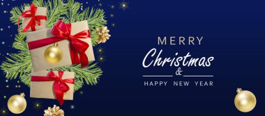 Mutlu Noeller ve mutlu yıllar. Dekoratif gerçekçi tasarım unsurlu şenlikli Xmas arkaplanı. Hediye kutusu, süsleme altın kar taneleri, çam ve ladin dalları, altın yıldızlar.