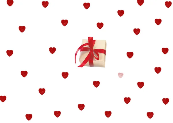 ハートを背景にレッドリボン付きのプレゼントボックス バレンタインデーのお祝いのコンセプト — ストック写真