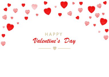 Kalpli sevgililer günü geçmişi. Tatil dekorasyonu elementleri beyaz arka planda izole edilmiş renkli kırmızı kalpler