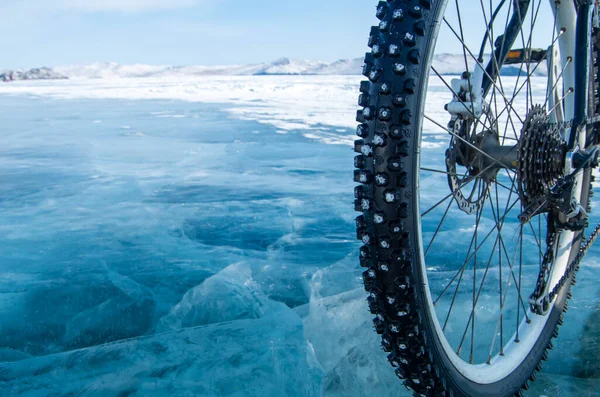 Велосипед Льду Крупный План Шипованной Велосипедной Шины Фоне Ледяной Поверхности — стоковое фото