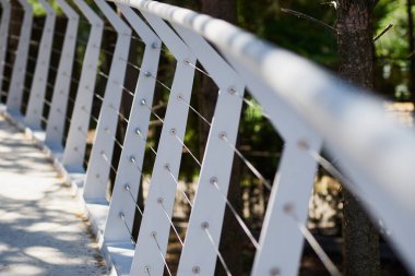 Ağaçların arkasındaki gölgede demir bir köprüye yakın çekim