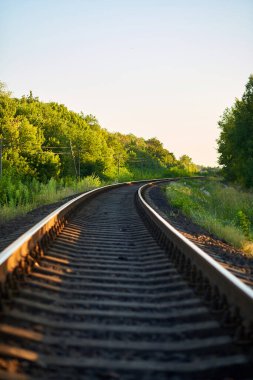Gün batımında yeşil ve mavi gökyüzü olan bir demiryolunun dikey fotoğrafı.