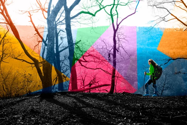 Woman Hiking Colorful Mountainous Terrain — Stock Photo, Image