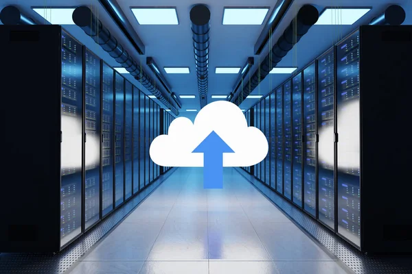 Cloud Storage Logo Stort Modernt Datacenter Med Flera Rader Server — Stockfoto