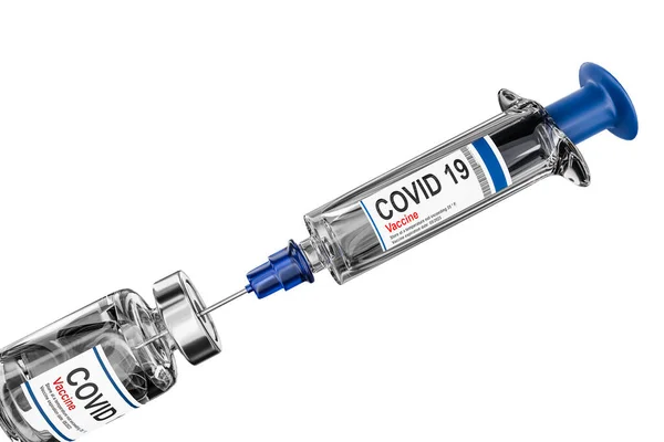 Covid 19ワクチン注射器注射器と予防接種用アンプルコロナウイルス感染症 パンデミック 医療用3Dイラスト分離 — ストック写真