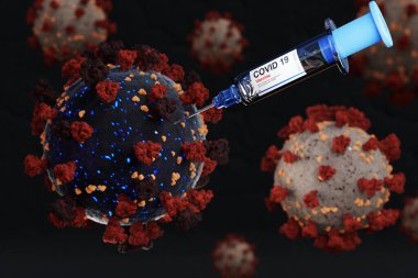 covid 19 aşı enjeksiyonu. Corona virüsü enfeksiyonunun aşılanması ve önlenmesi için şırınga, mutasyon için yeni virüs türü, nCoV 2019 salgını, 3D sağlık hizmeti