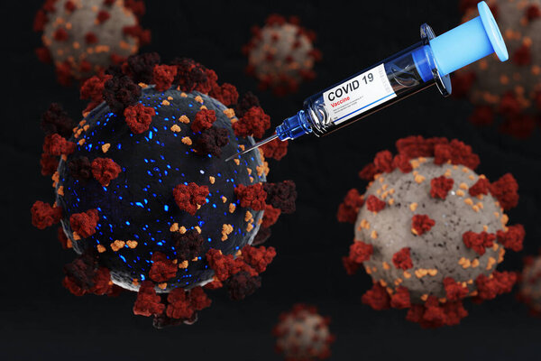 covid 19 vaccine injecton with syringe for immunization and prevention of corona virus infection, mutation new virus strain, nCoV 2019 pandemic, healthcare 3D Illustration