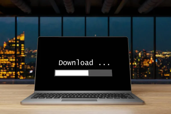 Laptop Download Loading Bar Ξύλινο Γραφείο Νυχτερινό Ορίζοντα Φόντο Εικονογράφηση — Φωτογραφία Αρχείου