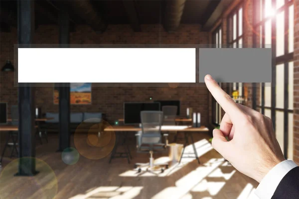 Businessman Finger Pointing Internet Search Bar Modern Industrial Style Apartment — Stock Photo, Image