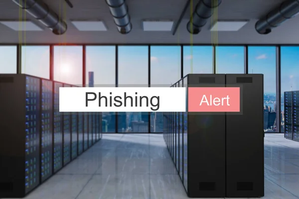 Phishing Alert Rode Zoekbalk Moderne Serverruimte Skyline Uitzicht Illustratio — Stockfoto