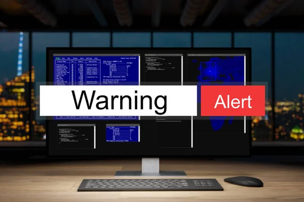 Estação Trabalho Computador Noite Escura Escritório Skyline Vista Aviso Alerta — Fotografia de Stock