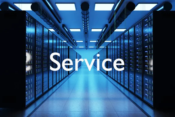 webspace service logo in large modern data center multiple rows of server racks, 3D Illustration