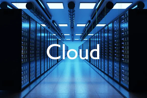 cloud service logo in large modern data center multiple rows of server racks, 3D Illustration