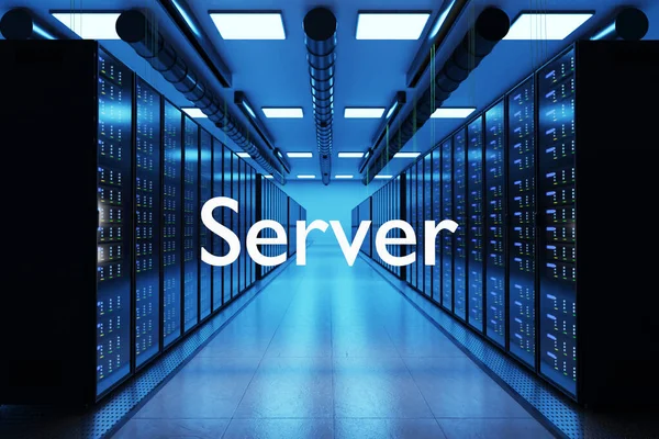server logo in large modern data center multiple rows of server racks, 3D Illustration
