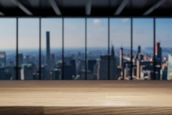clean empty wooden desk in large modern office building skyline view, 3D Illustration