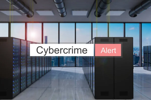 Cybercrime Alert Rode Zoekbalk Grote Serverruimte Skyline Uitzicht Illustratie — Stockfoto