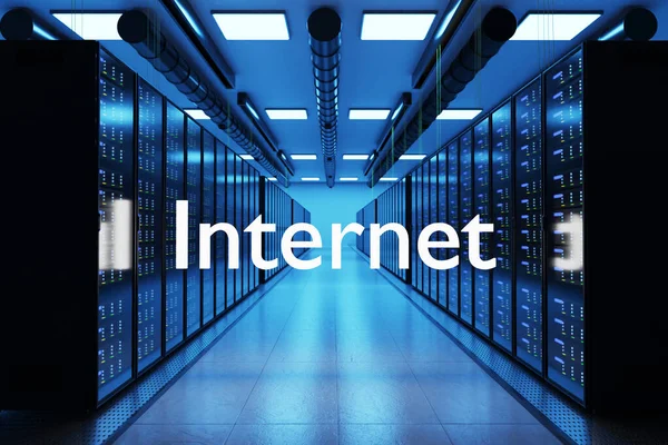 Λογότυπο Internet Μεγάλο Σύγχρονο Κέντρο Δεδομένων Σειρές Από Ράφια Διακομιστή — Φωτογραφία Αρχείου