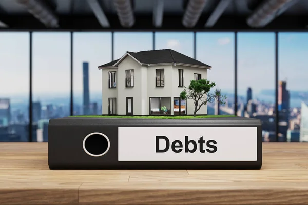 Schulden Modernes Haus Villenstil Stehmappe Auf Holztisch Modernes Büro Zwangsvollstreckung — Stockfoto