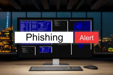Karanlık Gece Ofisi 'ndeki bilgisayar çalışma istasyonu Skyline Görüntü Uyarı phishing Alarmı, 3D Görüntü