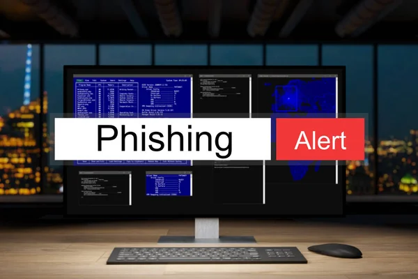 Computerarbeitsplatz Dunklen Nachtbüro Skyline Ansicht Warnung Phishing Alarm Illustration — Stockfoto