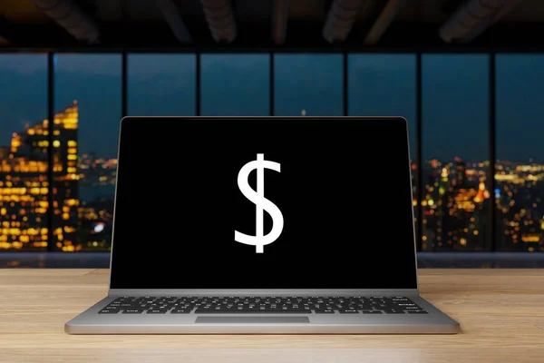 Laptop Black Screen Dollar Currency Symbol Wooden Desk Nighttime Skyline — Stock Photo, Image