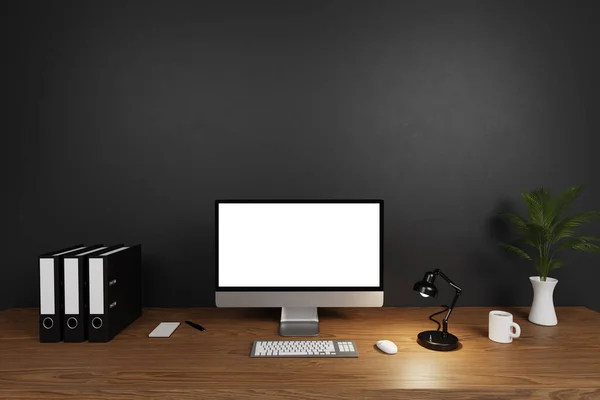 modern clean office workspace with computer; white isolated empty screen in  front of dark concrete wall; 3D Illustration - Stock Image - Everypixel