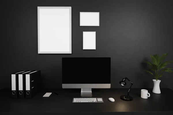 컴퓨터 화면이 어두운 콘크리트 현대식 — 스톡 사진